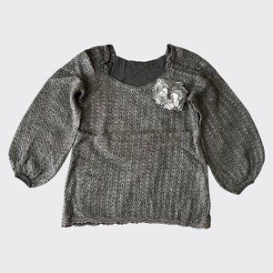 Gray Puff Sleeve Knit Sweater w/ Removable Corsage One Size Made in Korea
